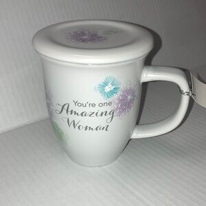 Abbey & CA Cathedral Art Amazing Woman Elegant Floral White Mug with Lid/Coaster